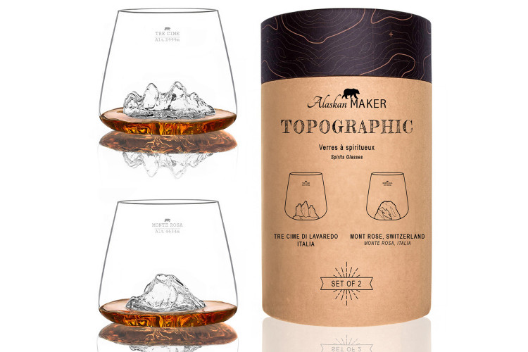 Set de 2 verres &agrave; spiritueux Alaskan Maker Topographic Tre Cime & Mont Rosa en verre cristallin