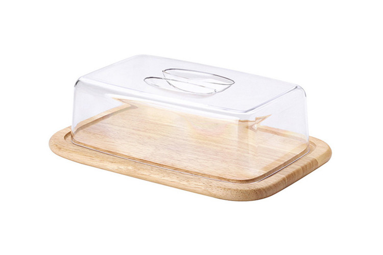 Plateau &agrave; fromage rectangulaire avec cloche Continenta en bois d'h&eacute;v&eacute;a 30x20x8,5cm