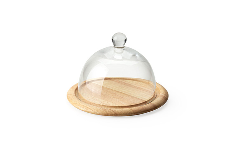 Plateau &agrave; fromage avec cloche en verre Continenta en bois d'h&eacute;v&eacute;a &Oslash;20x14cm
