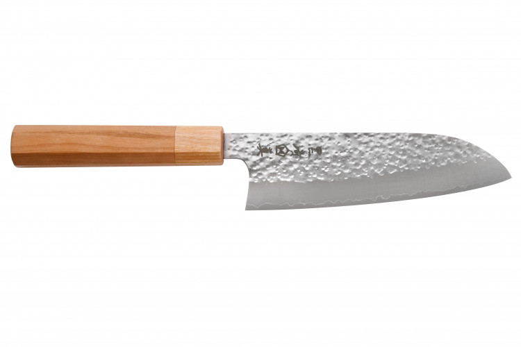 Couteau santoku japonais artisanal Makoto Kurosaki Sakura acier SG2 martel&eacute; 16.5cm