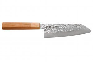 Couteau santoku japonais artisanal Makoto Kurosaki Sakura acier SG2 martelé 16.5cm