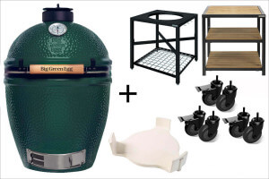 Pack Big Green Egg Large barbecue + convEGGtor + table modulaire + meuble d'extension + 6 roulettes