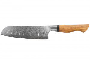 Couteau santoku alvéolé 18cm Ryda Knives ST650 Damas et manche en olivier