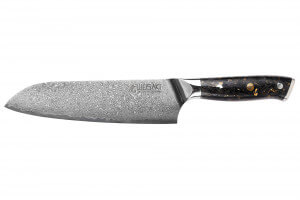 Couteau santoku Wusaki Sakin Damas 10Cr 17cm manche en fibre de carbone et feuille d'or