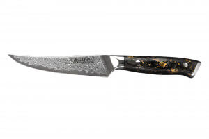 Couteau à steak Wusaki Sakin Damas 10Cr 13cm manche en fibre de carbone et feuille d'or