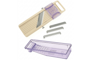 Mandoline japonaise professionnelle Benriner 3 lames couloir 6.5cm + poussoir et bac