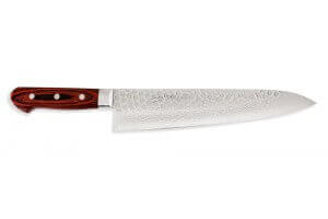 Couteau de chef japonais artisanal Jikko Mahogani Tsuchime 24cm damas 33 couches