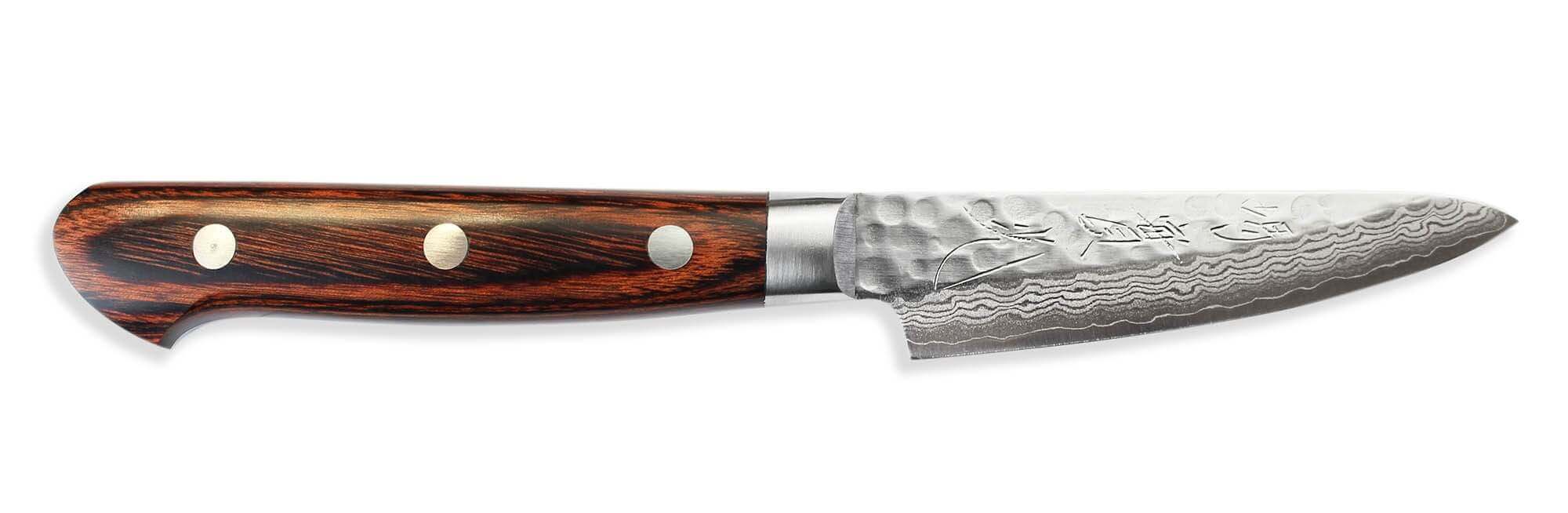 Couteau d'office japonais artisanal Jikko Mahogani Tsuchime 8cm damas 33  couches
