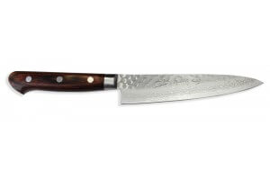 Couteau universel japonais artisanal Jikko Mahogani Tsuchime 13.5cm damas 33 couches