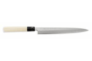 Couteau Sashimi japonais artisanal JIKKO Betsuuchi lame 24cm en White Steel manche magnolia