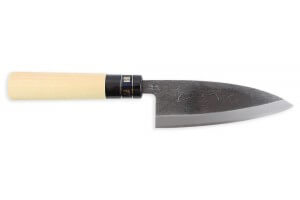 Couteau à poisson japonais artisanal JIKKO Betsuuchi lame Kuro 12cm en White Steel manche magnolia