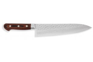 Couteau de chef japonais artisanal Jikko Mahogani Tsuchime 18cm damas 33 couches