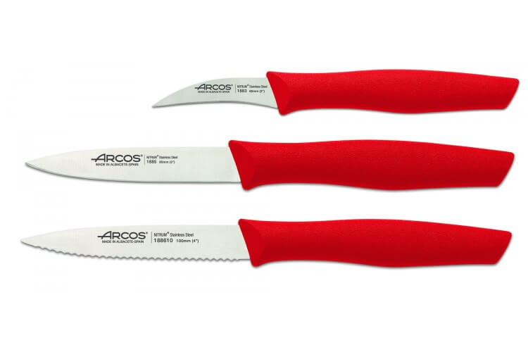 Set 3 couteaux à légumes Arcos Nova lames acier NITRUM manche rouge