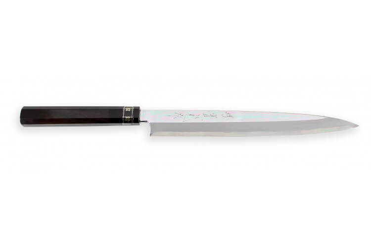 Couteau japonais sashimi haut de gamme JIKKO Montan Kokutan finition miroir manche ébène