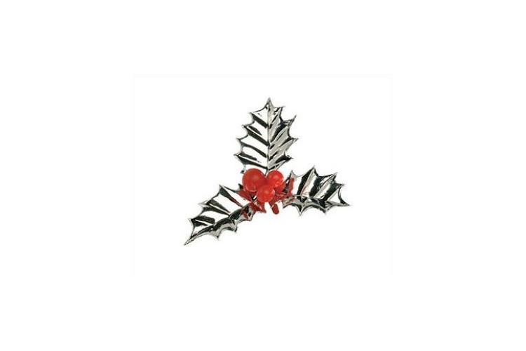 Boîte de 72 décors pour bûche feuilles de houx argentées 6cm Boîte de 72 décors pour bûche feuilles de houx argentées 6cm
