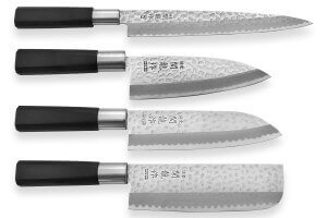 Coffret 4 couteaux japonais Nagekomi lame martelée : Sashimi + Deba + Santoku + Nakiri