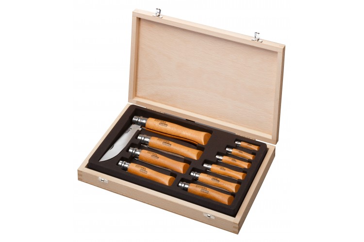 Coffret en bois 10 couteaux Opinel Tradition Carbone manches h&ecirc;tre