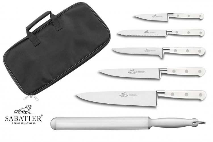 Mallette cuisine Sabatier Toque Blanche 5 couteaux fabrication fran&ccedil;aise + 1 fusil