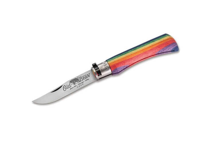 Couteau artisanal Old Bear Rainbow manche bois d'ayous stratifié arc-en-ciel