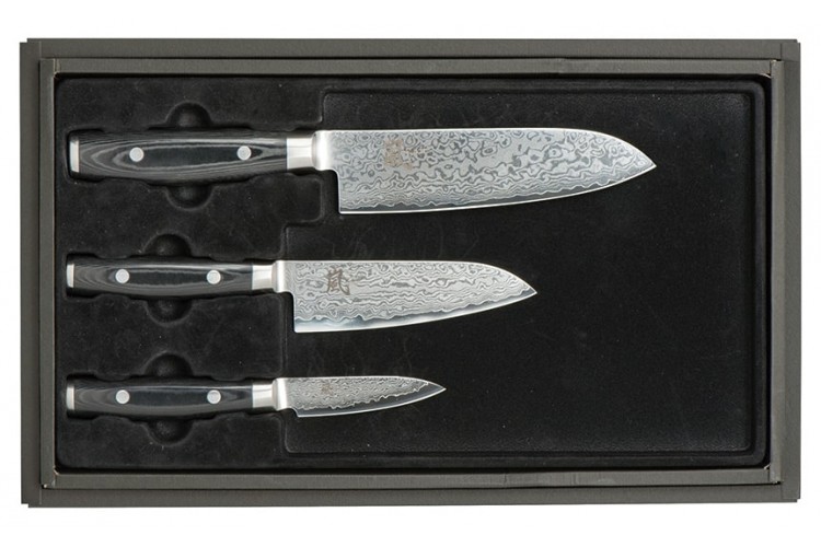 Coffret 3 couteaux japonais Yaxell RAN damas : Santoku 16.5cm + Santoku 12.5cm + Office 10cm