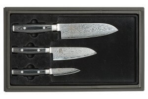 Coffret 3 couteaux japonais Yaxell RAN damas : Santoku 16.5cm + Santoku 12.5cm + Office 8cm