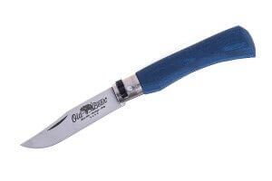 Couteau artisanal Old Bear Full Color bleu manche bois d'Ayous stratifié