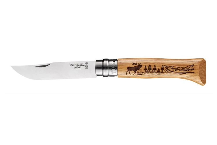 Couteau Opinel Tradition Gravures Animalia n&deg;8 manche 11cm ch&ecirc;ne d&eacute;cor cerf