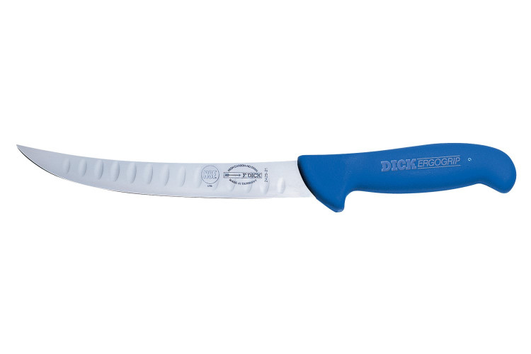 Couteau &agrave; d&eacute;couper Dick Ergogrip &agrave; lame alv&eacute;ol&eacute;e 21 cm manche bleu