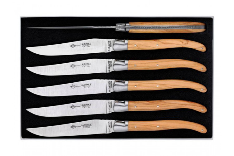 Coffret 6 couteaux de table Laguiole Arbal&egrave;te G.DAVID 23cm inox manche olivier