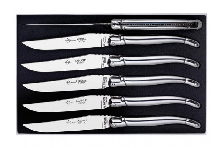 Coffret couteaux Laguiole G.DAVID, 6 couteaux table 23 cm tout inox, guilloché