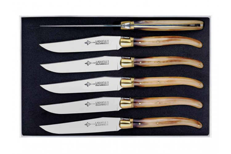 Coffret 6 couteaux de table Laguiole Arbal&egrave;te G.DAVID 21 cm inox manche fa&ccedil;on corne blonde