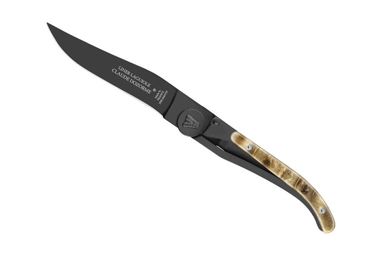 Couteau pliant ultra fin Laguiole Claude Dozorme noir manche corne de bélier 11cm