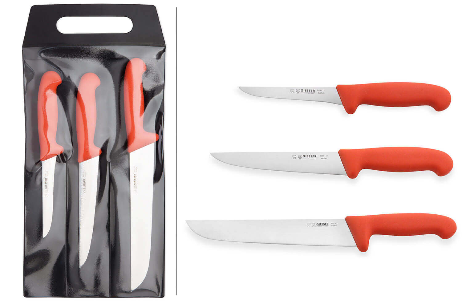 3 couteaux de boucher Giesser professionnels rouges