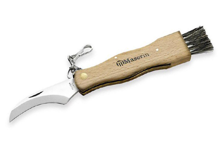 Couteau pliant &agrave; champignons Maserin manche h&ecirc;tre 11cm + brosse int&eacute;gr&eacute;e