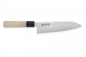 Couteau santoku japonais artisanal Wusaki KANJO AS 18cm manche en magnolia