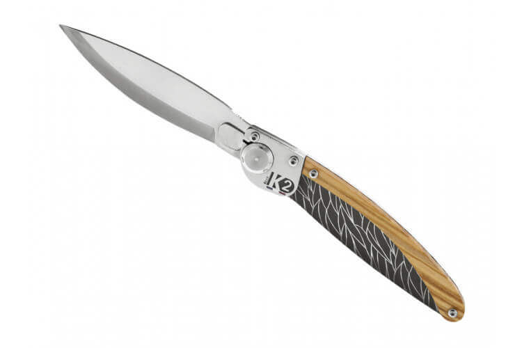 Couteau pliant K2.01M manche olivier et acier décor plumes 11,5cm