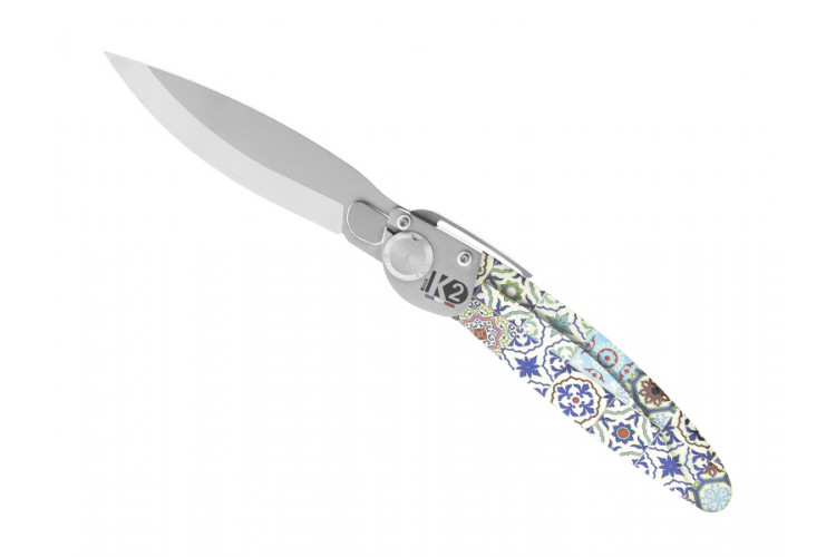 Couteau pliant K2.14M manche acier décor imprimé 3D faience 11,5cm