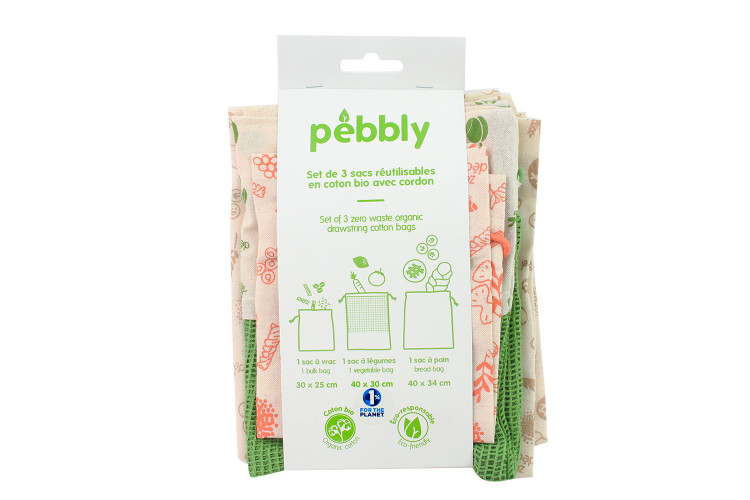 Set de 3 sacs zéro déchet Pebbly en coton biologique pour légumes, pain, vrac
