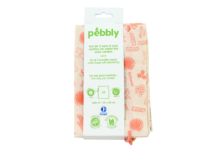 Set de 3 sacs à vrac Pebbly en coton biologique - 20x25cm