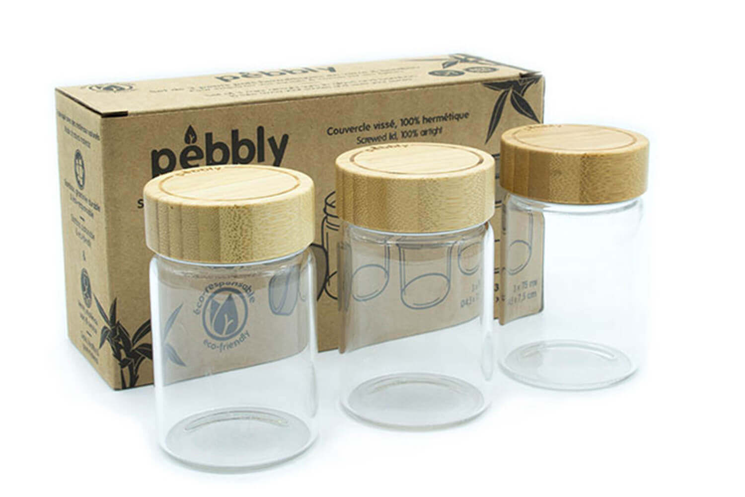 3 pots en verre avec couvercle hermétique Pebbly