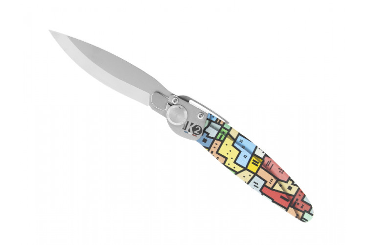 Couteau pliant K2.16M manche acier décor imprimé 3D favelas 11,5cm