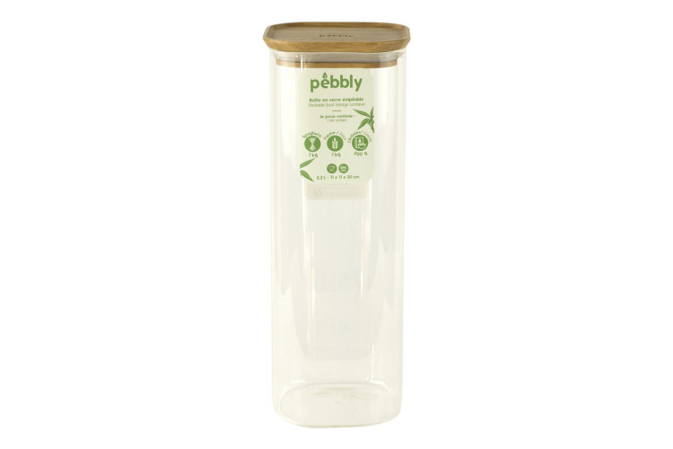 Boîte de conservation haute et carrée en verre Pebbly avec couvercle en bambou