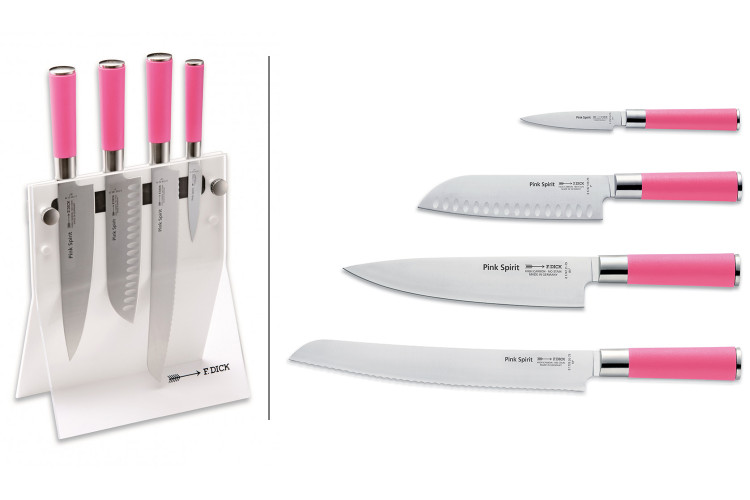 Bloc acrylique 4 couteaux de cuisine Dick Pink Spirit manche rose
