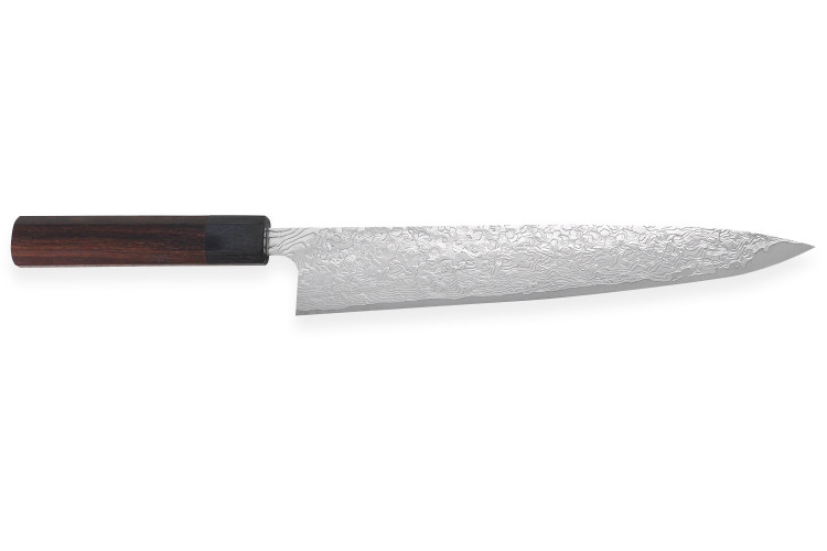 Couteau sujihiki japonais artisanal Takeshi Saji R2 Damas 24cm