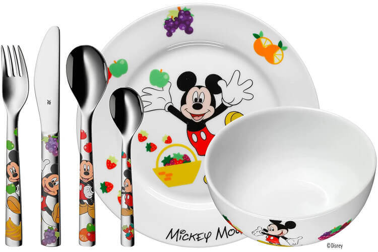 Coffret couvert et vaisselle enfant 6 pièces WMF Mickey Mouse acier inox 18/10 et porcelaine