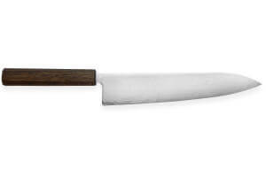 Couteau de chef japonais artisanal Wusaki Unagi AUS10 damas 24cm manche chêne