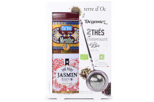 Coffret Terre d'Oc 2 thés verts bio : Jasmin + Menthe - 1 cuillère filtre à thé