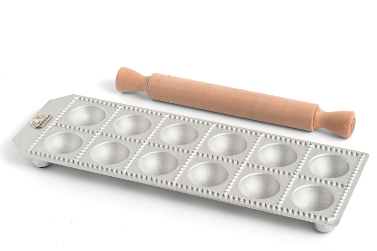Moule à raviolis Marcato Classic 12 empreintes rondes + mini rouleau en bois