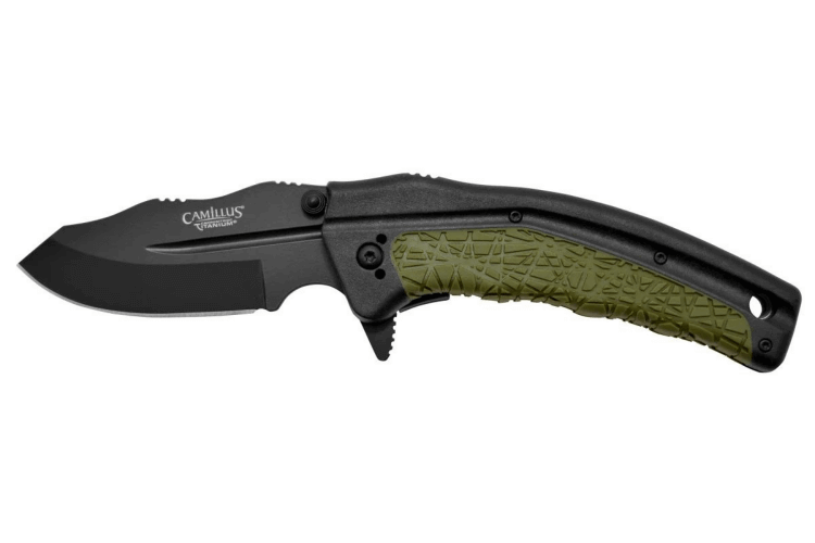 Couteau pliant Camillus FK-7.5 manche en nylon renforcé de verre/caoutchouc thermoplastique noir et vert 11,4cm