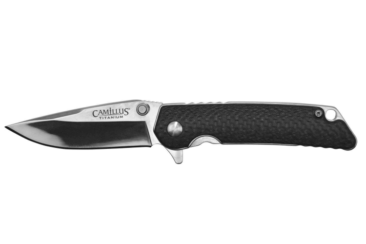 Couteau pliant Camillus TRC lame à effet miroir manche en fibre de carbone noir 10,9cm 
